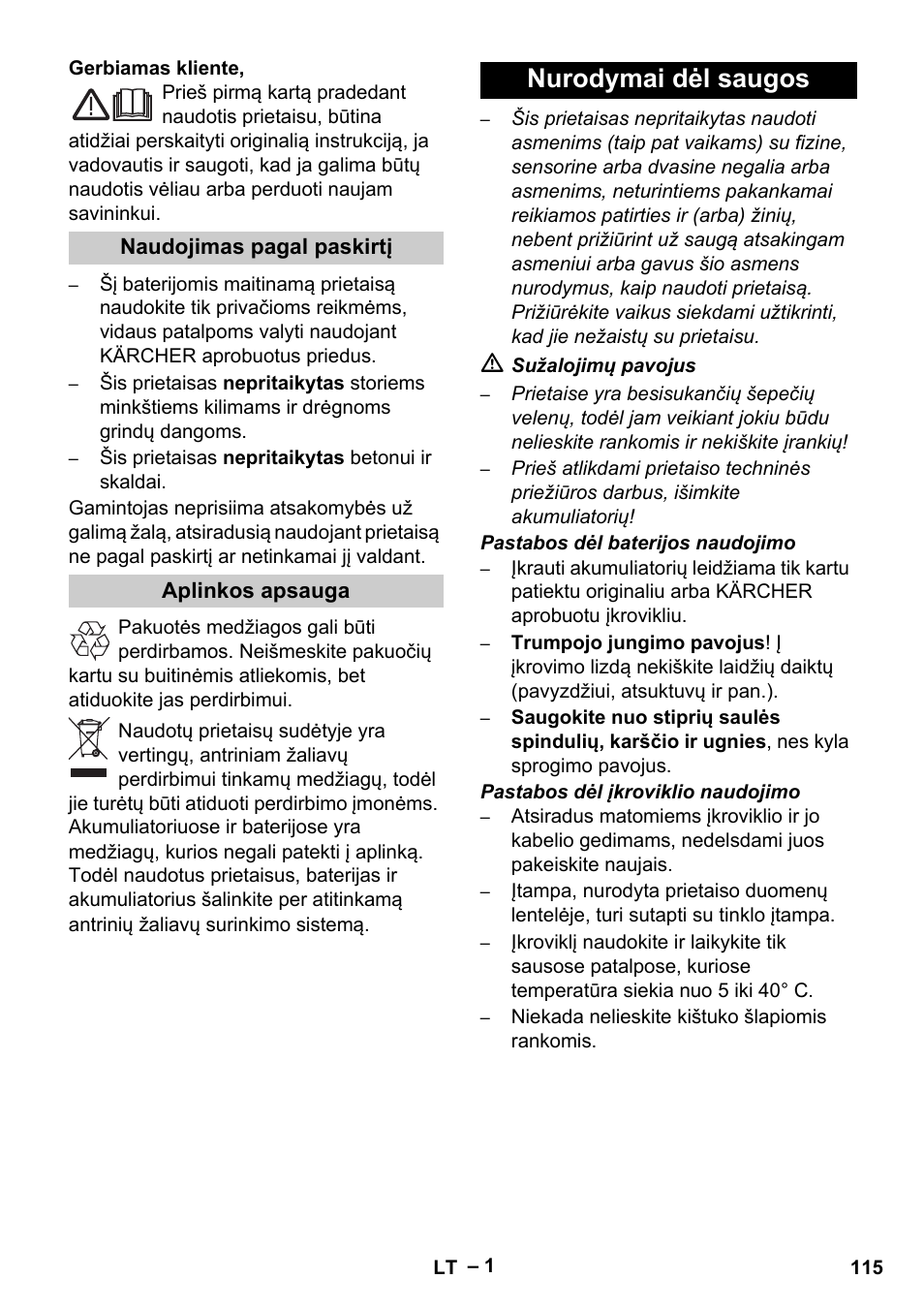 Lietuviškai, Nurodymai dėl saugos | Karcher K 55 Pet Plus User Manual | Page 115 / 136