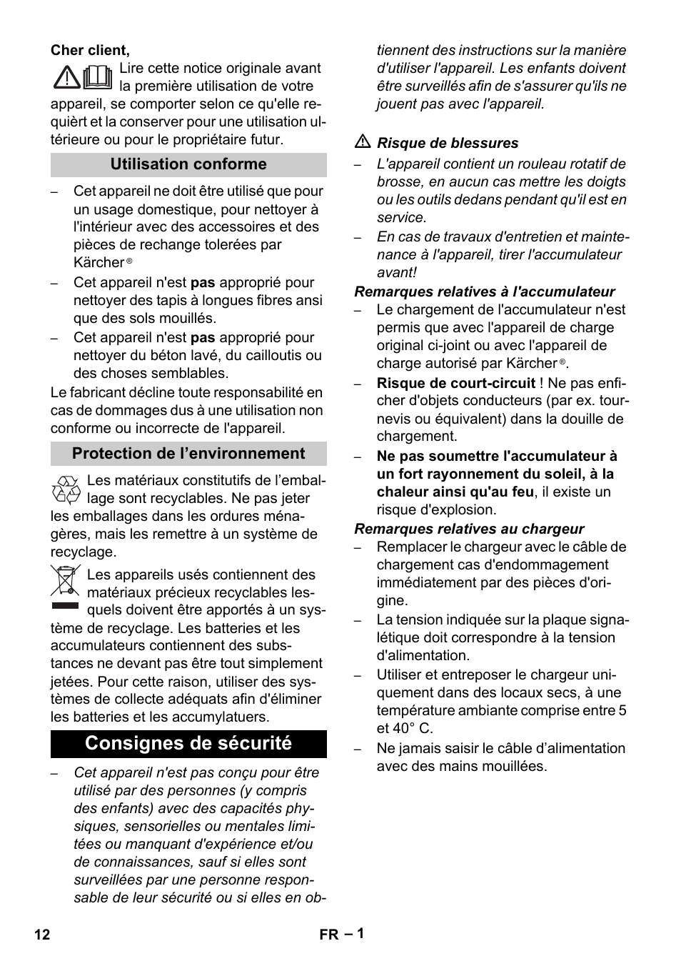 Français, Consignes de sécurité | Karcher K 55 Pet Plus User Manual | Page 12 / 136