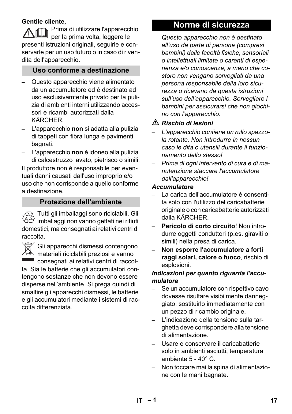 Italiano, Norme di sicurezza | Karcher K 55 Pet Plus User Manual | Page 17 / 136