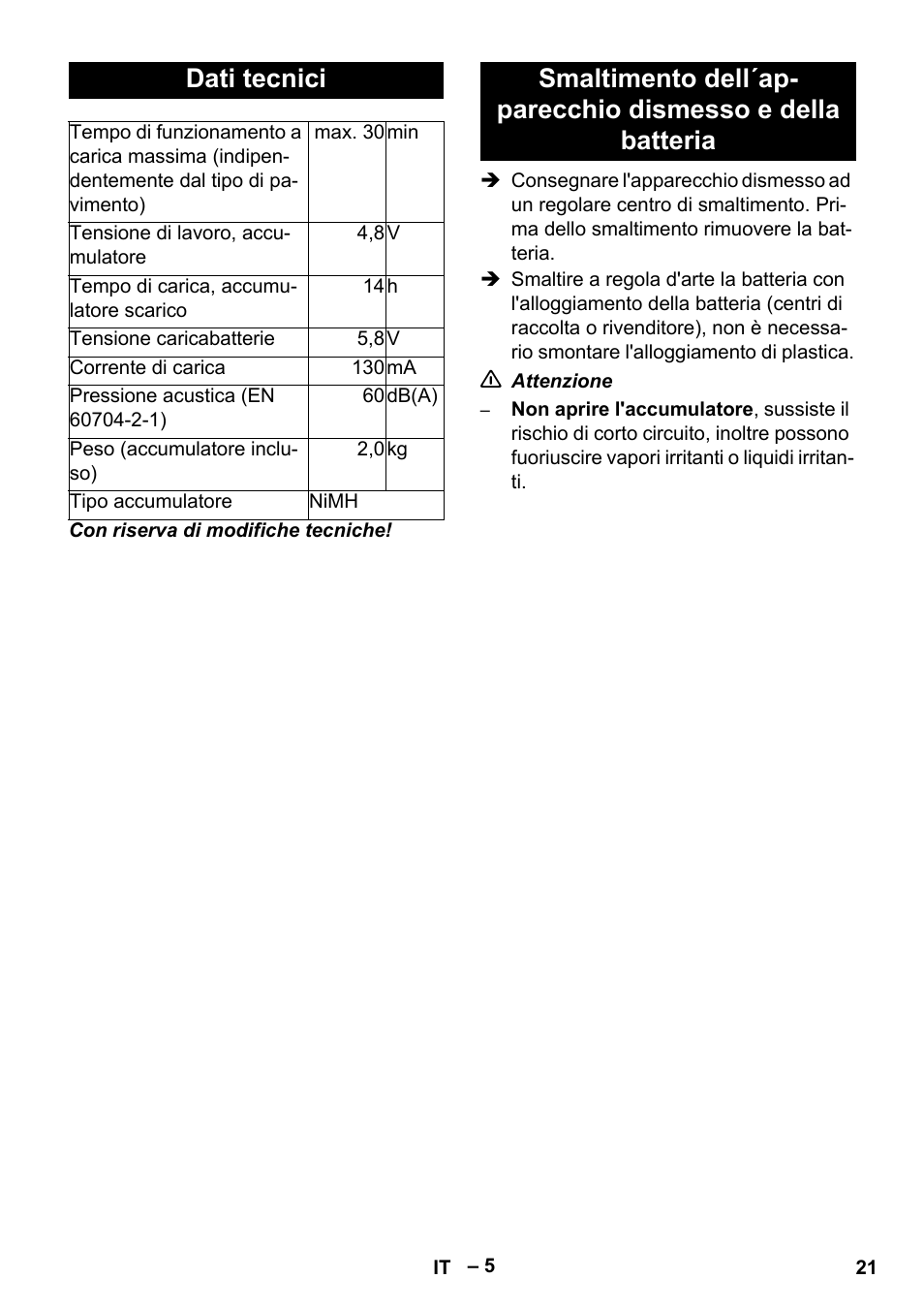 Dati tecnici | Karcher K 55 Pet Plus User Manual | Page 21 / 136