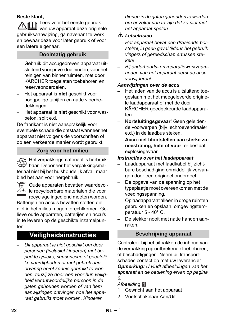 Nederlands, Veiligheidsinstructies | Karcher K 55 Pet Plus User Manual | Page 22 / 136