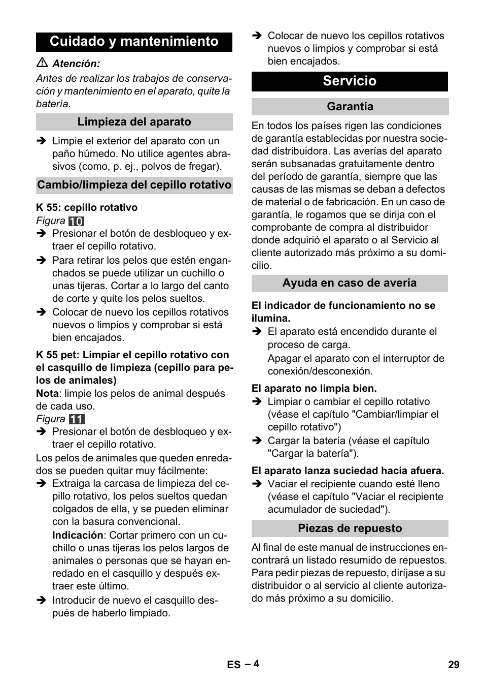 Cuidado y mantenimiento, Servicio | Karcher K 55 Pet Plus User Manual | Page 29 / 136