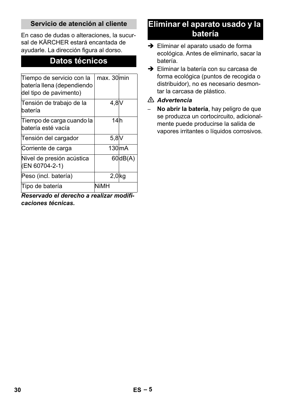 Datos técnicos, Eliminar el aparato usado y la batería | Karcher K 55 Pet Plus User Manual | Page 30 / 136