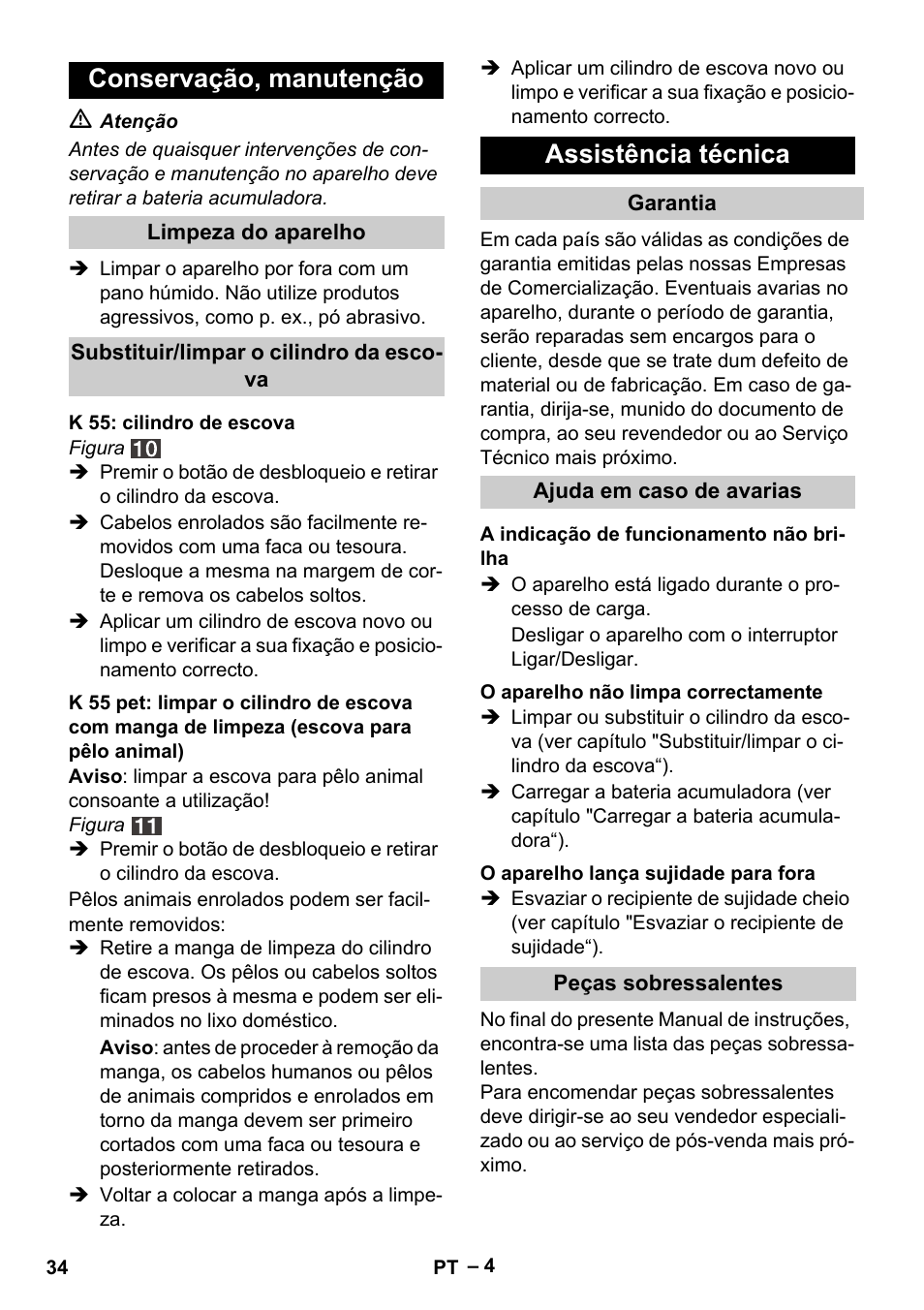Conservação, manutenção, Assistência técnica | Karcher K 55 Pet Plus User Manual | Page 34 / 136