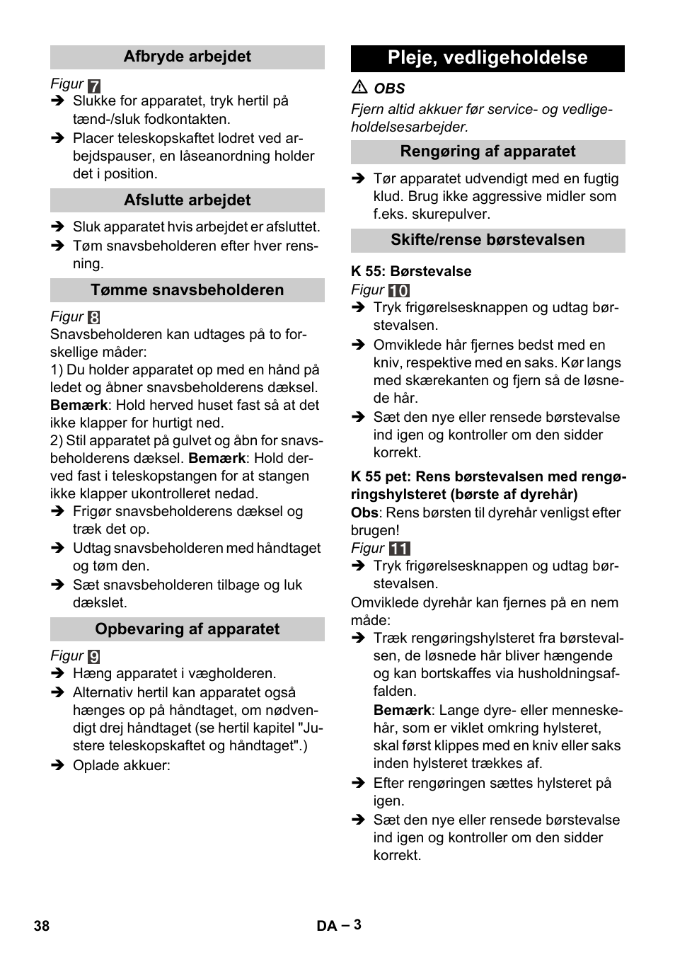 Pleje, vedligeholdelse | Karcher K 55 Pet Plus User Manual | Page 38 / 136