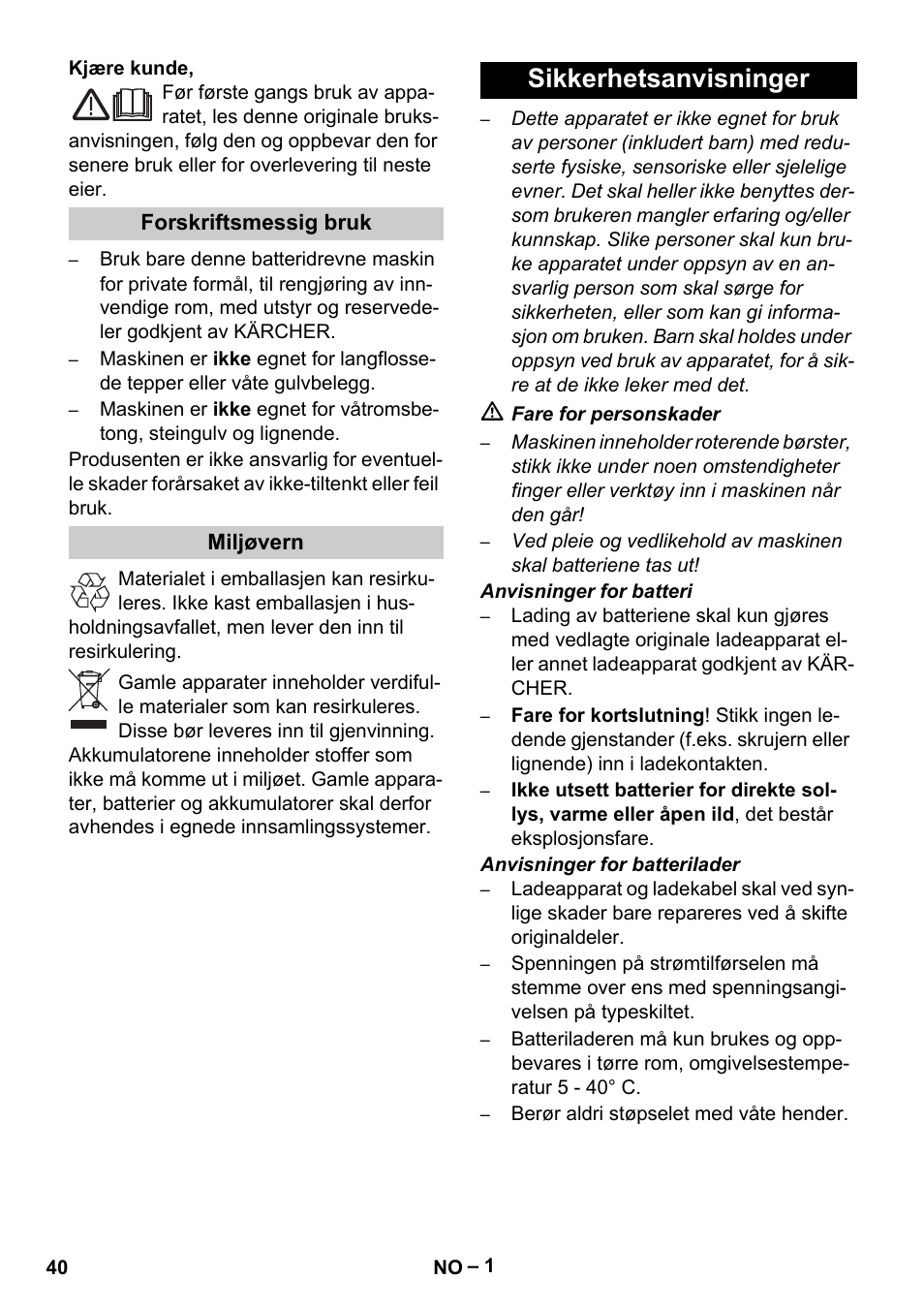 Norsk, Sikkerhetsanvisninger | Karcher K 55 Pet Plus User Manual | Page 40 / 136