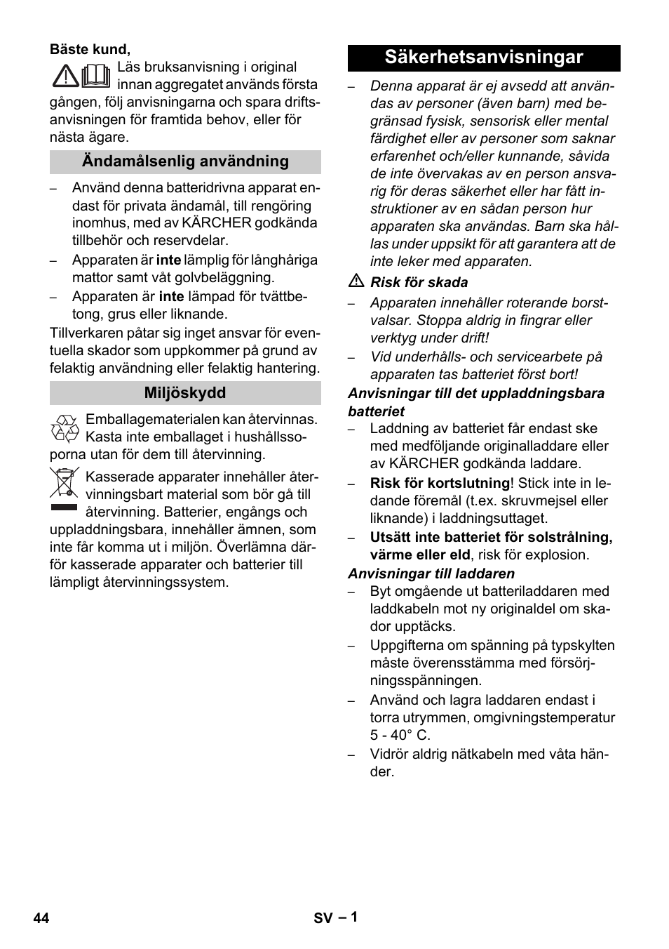 Svenska, Säkerhetsanvisningar | Karcher K 55 Pet Plus User Manual | Page 44 / 136