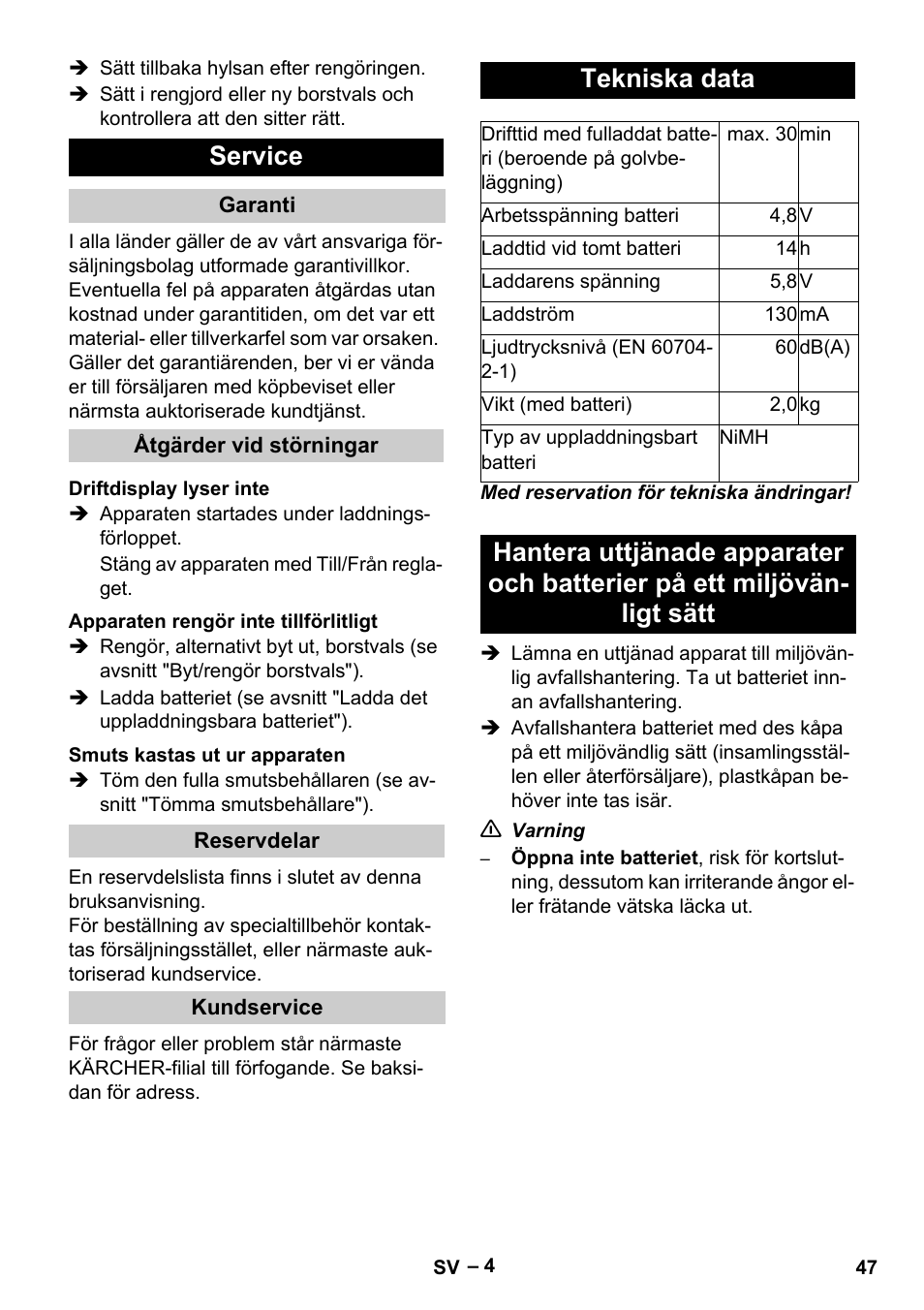 Service, Tekniska data | Karcher K 55 Pet Plus User Manual | Page 47 / 136