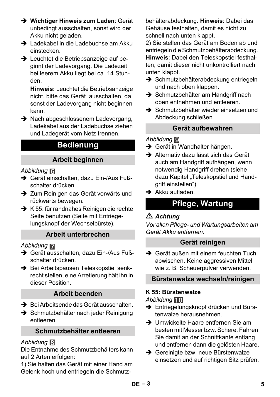 Bedienung, Pflege, wartung | Karcher K 55 Pet Plus User Manual | Page 5 / 136