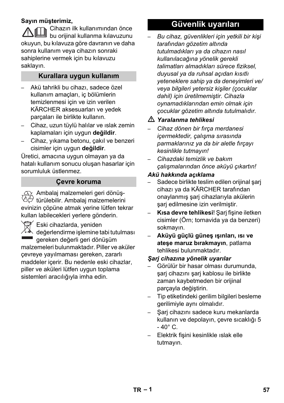 Türkçe, Güvenlik uyarıları | Karcher K 55 Pet Plus User Manual | Page 57 / 136