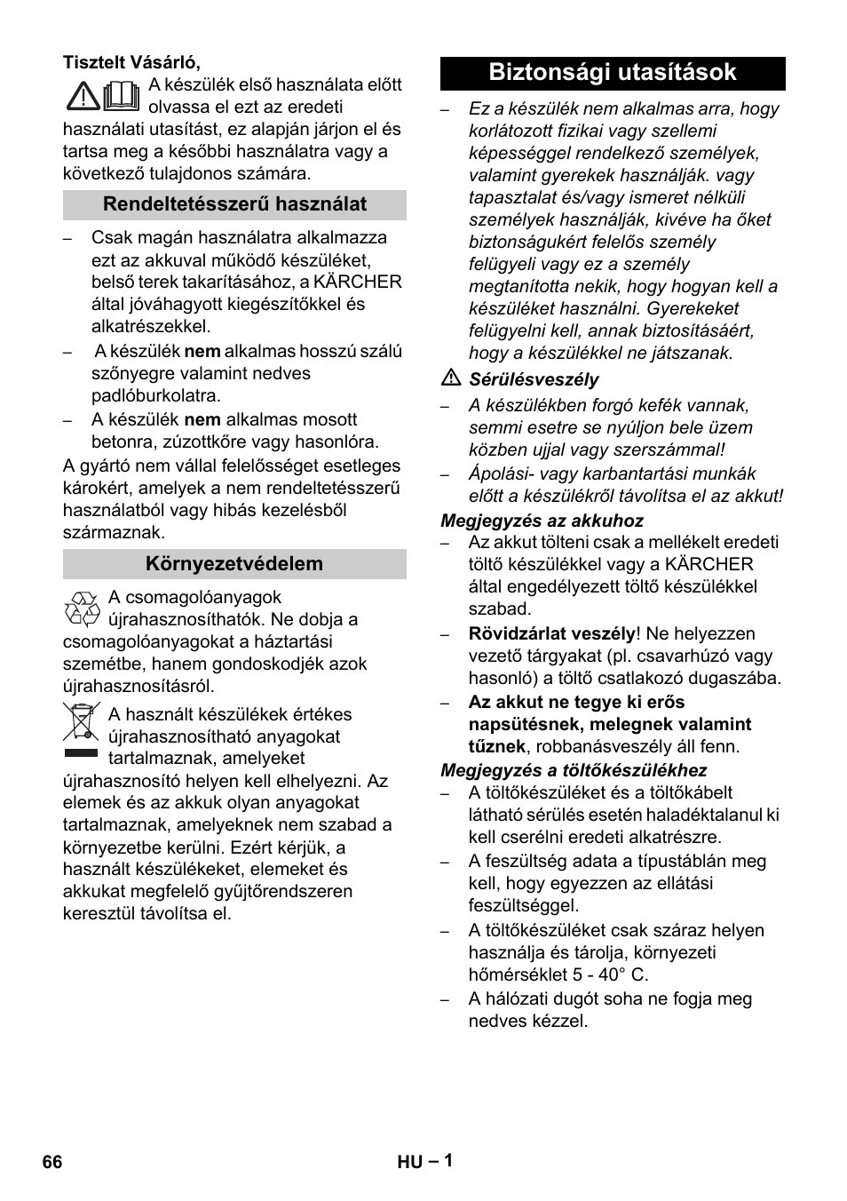 Magyar, Biztonsági utasítások | Karcher K 55 Pet Plus User Manual | Page 66 / 136