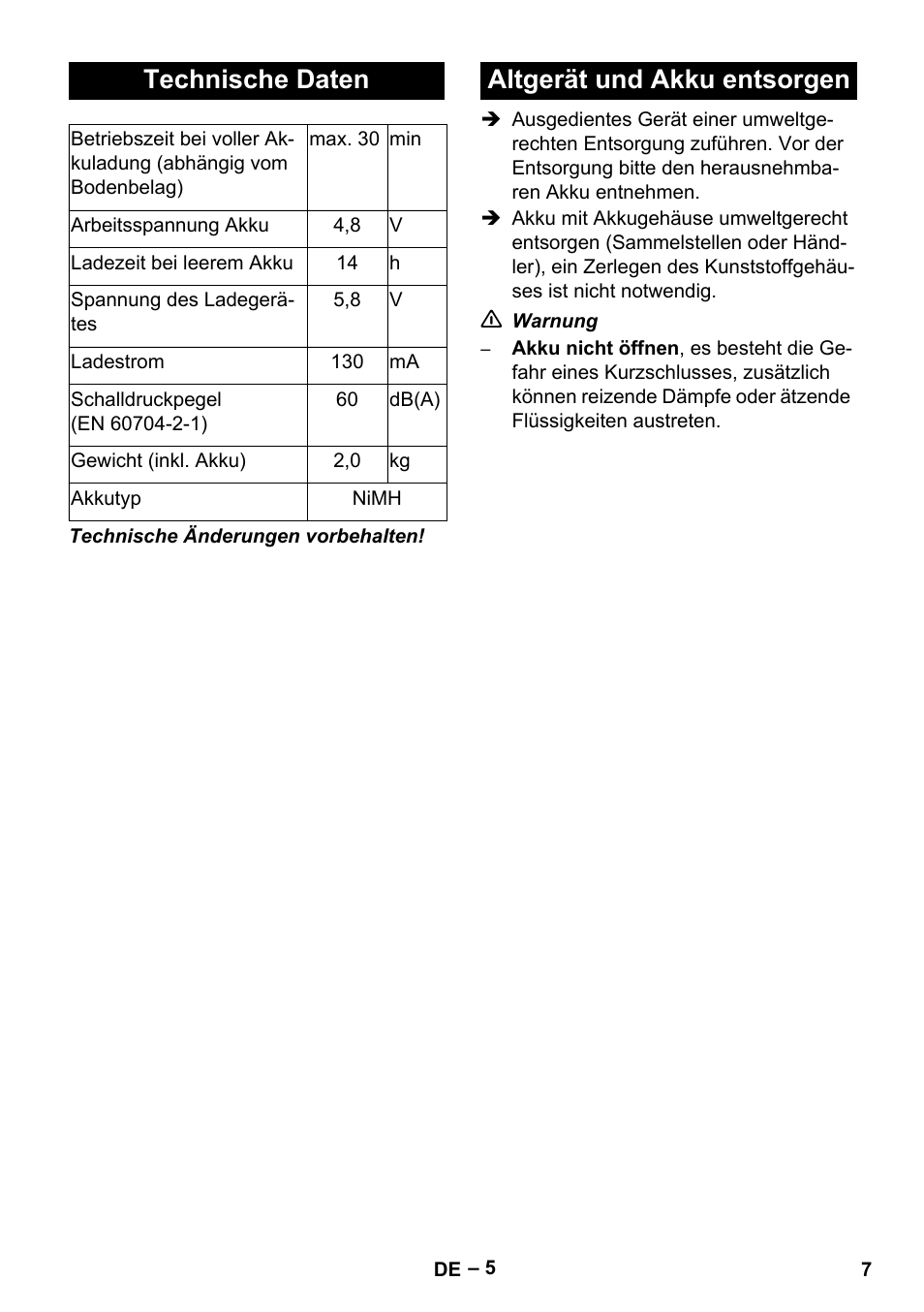 Technische daten, Altgerät und akku entsorgen | Karcher K 55 Pet Plus User Manual | Page 7 / 136