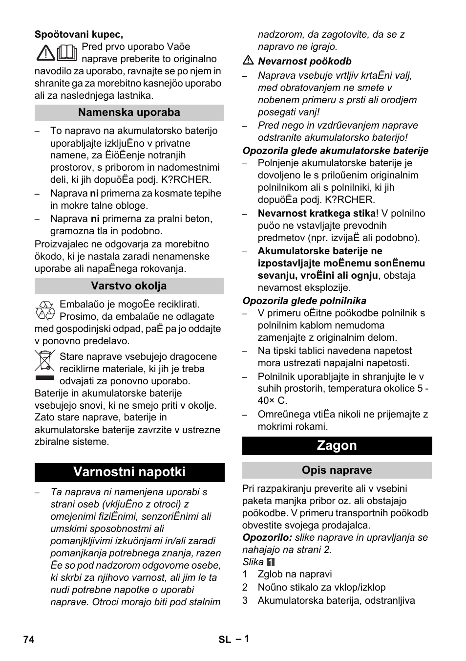 Slovenščina, Varnostni napotki zagon | Karcher K 55 Pet Plus User Manual | Page 74 / 136