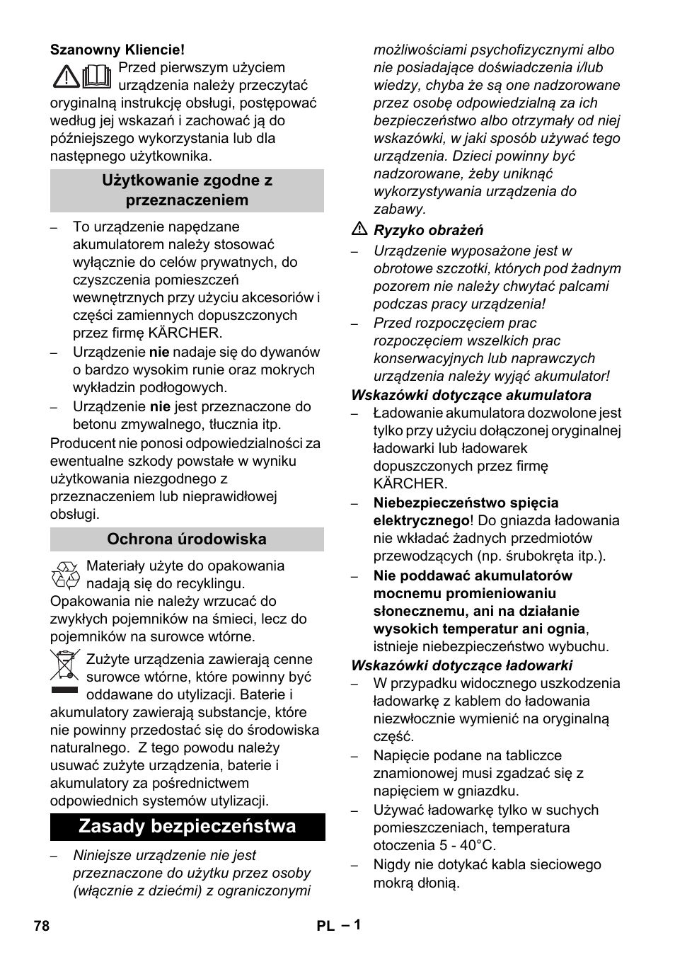 Polski, Zasady bezpieczeństwa | Karcher K 55 Pet Plus User Manual | Page 78 / 136