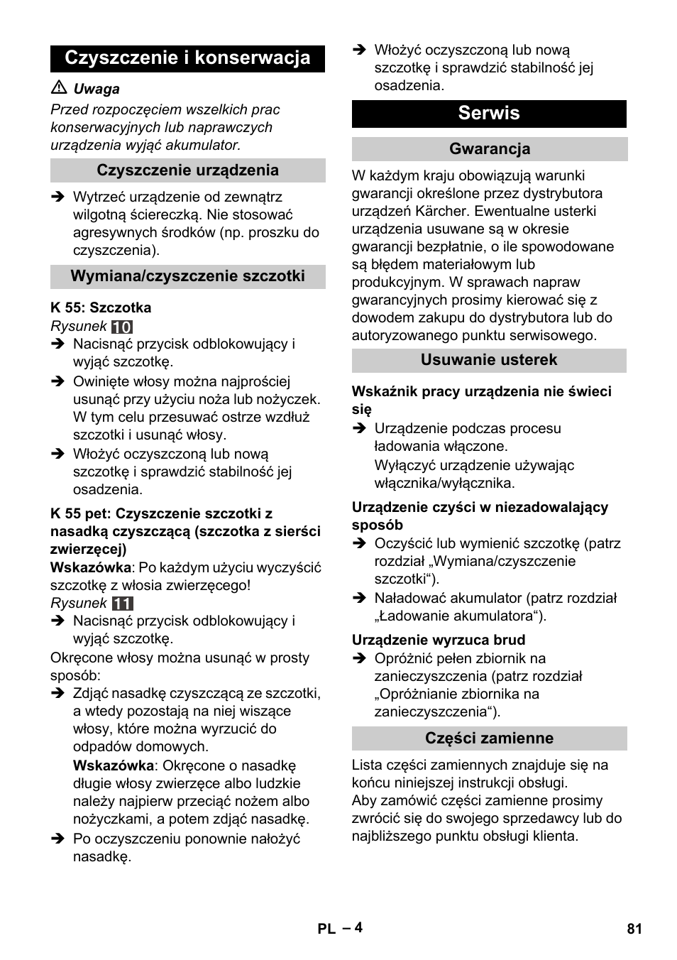 Czyszczenie i konserwacja, Serwis | Karcher K 55 Pet Plus User Manual | Page 81 / 136