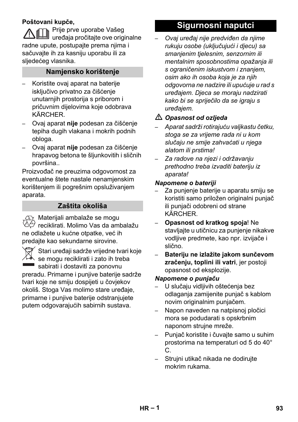 Hrvatski, Sigurnosni naputci | Karcher K 55 Pet Plus User Manual | Page 93 / 136