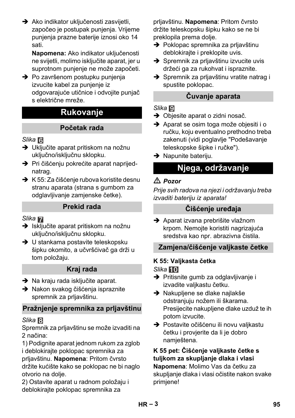 Rukovanje, Njega, održavanje | Karcher K 55 Pet Plus User Manual | Page 95 / 136