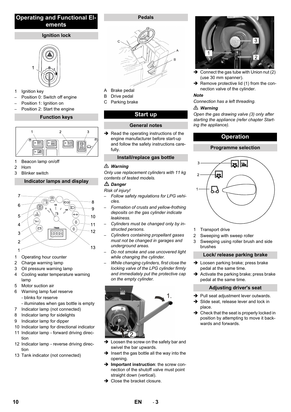 Operating and functional el- ements, Start up, Operation | Karcher KM 150-500 LPG User Manual | Page 10 / 148