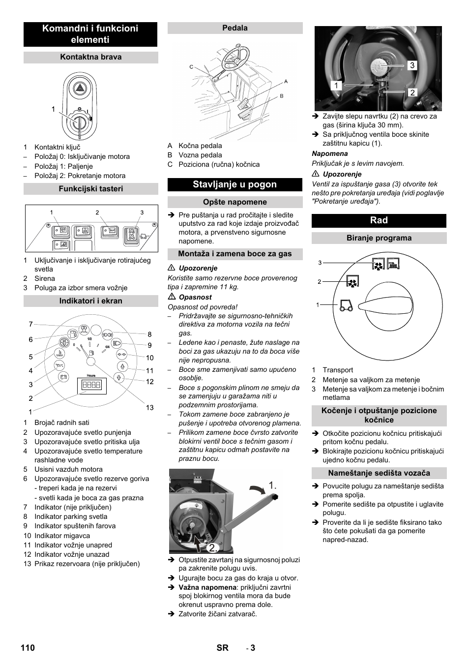 Komandni i funkcioni elementi, Stavljanje u pogon | Karcher KM 150-500 LPG User Manual | Page 110 / 148