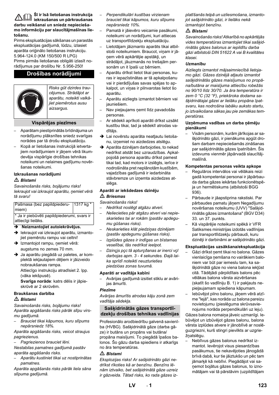 Latviešu, Drošības norādījumi | Karcher KM 150-500 LPG User Manual | Page 123 / 148