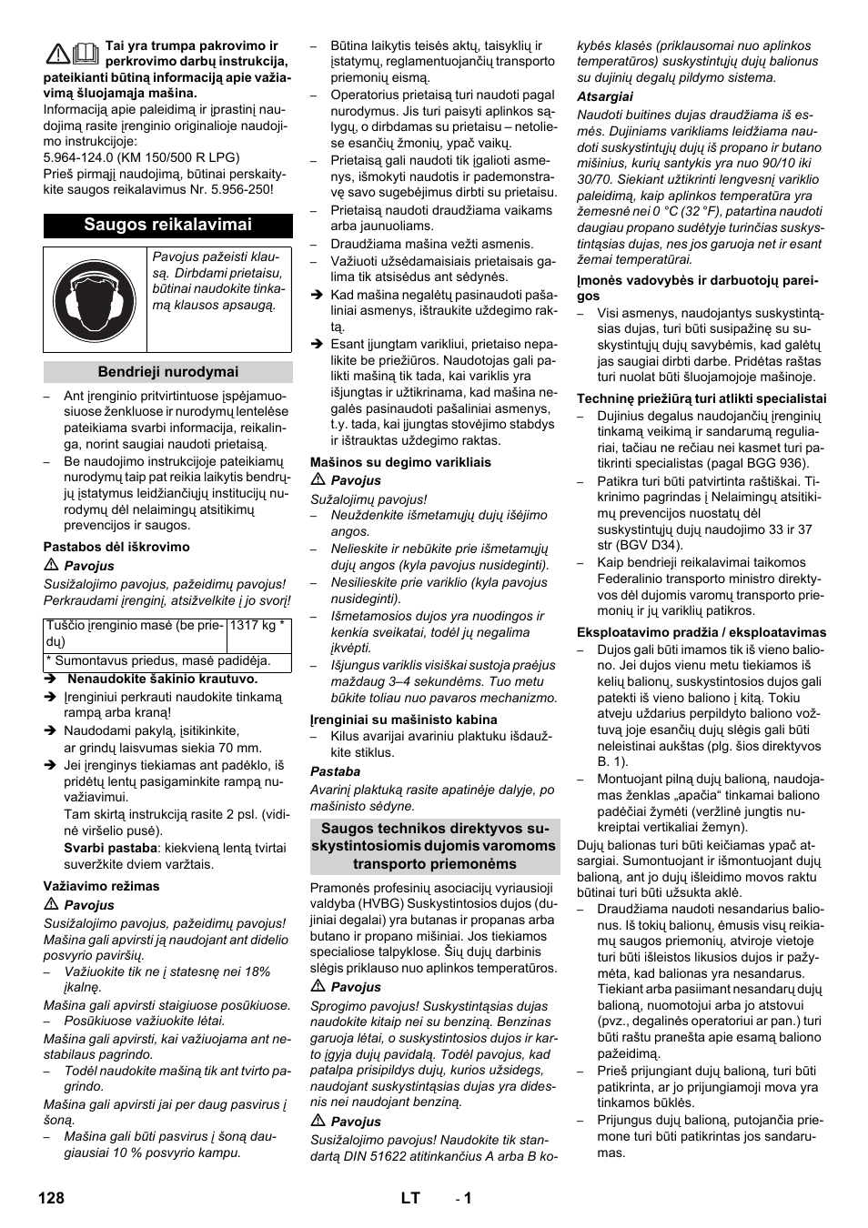 Lietuviškai, Saugos reikalavimai | Karcher KM 150-500 LPG User Manual | Page 128 / 148