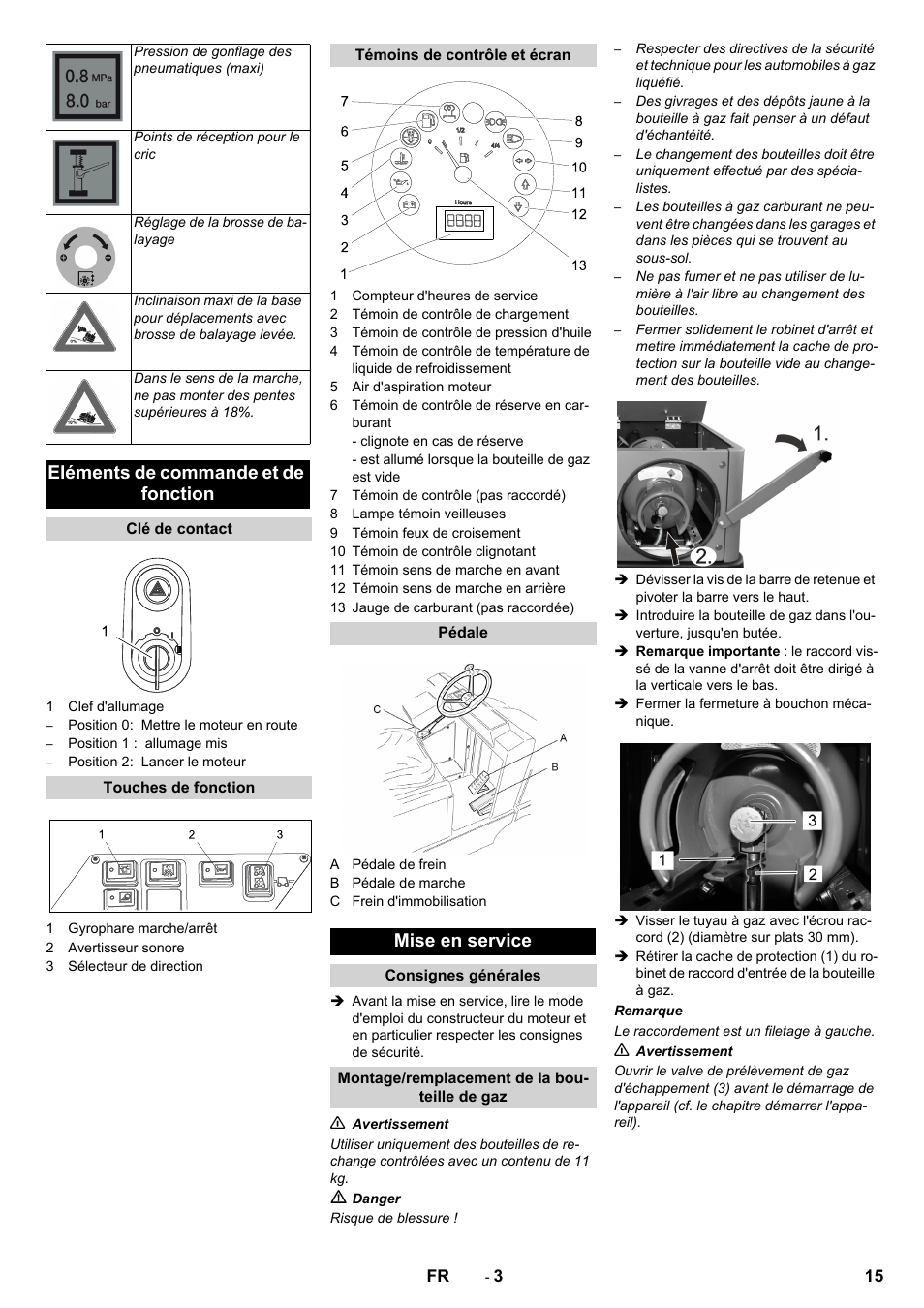 Eléments de commande et de fonction, Mise en service | Karcher KM 150-500 LPG User Manual | Page 15 / 148