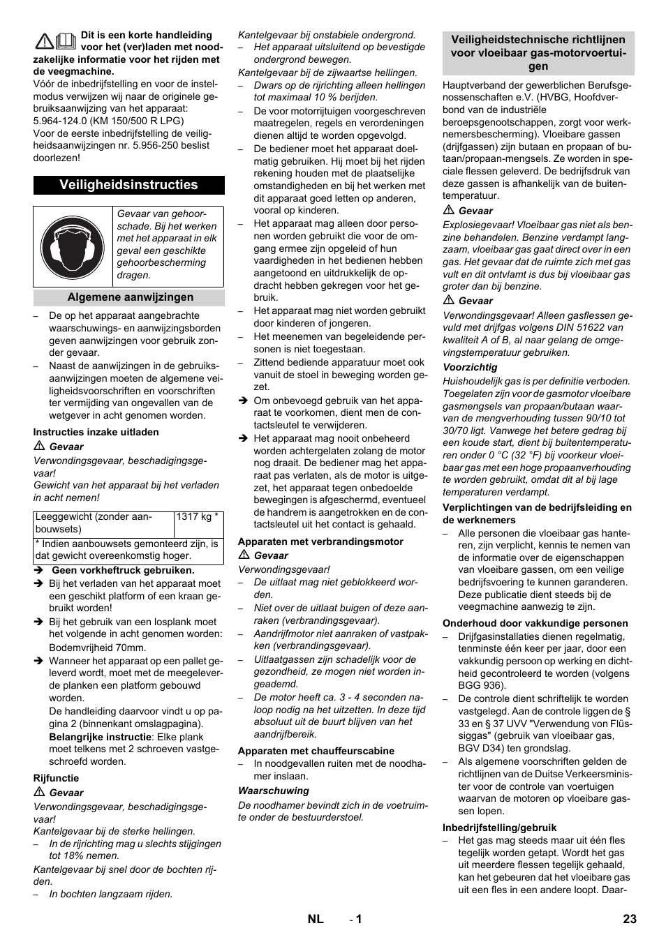 Nederlands, Veiligheidsinstructies | Karcher KM 150-500 LPG User Manual | Page 23 / 148