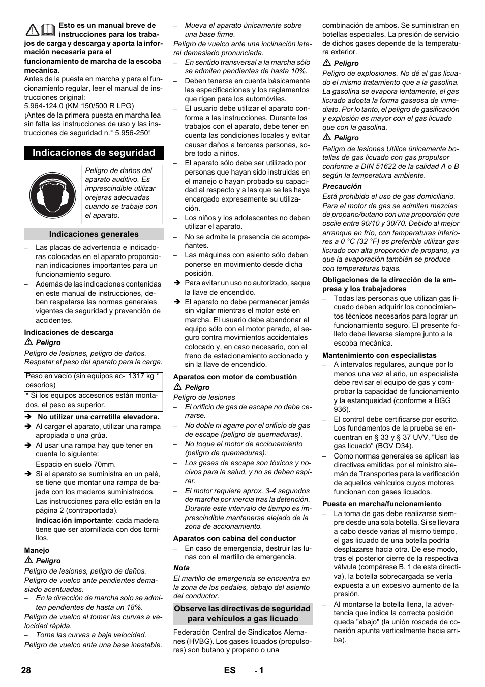 Español, Indicaciones de seguridad | Karcher KM 150-500 LPG User Manual | Page 28 / 148