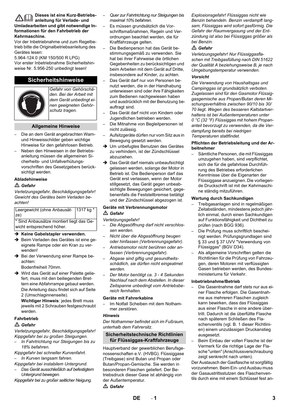 Deutsch, Sicherheitshinweise | Karcher KM 150-500 LPG User Manual | Page 3 / 148