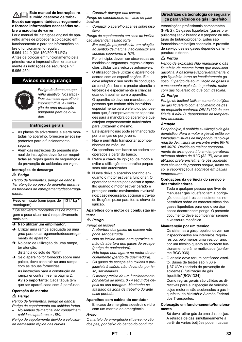 Português, Avisos de segurança | Karcher KM 150-500 LPG User Manual | Page 33 / 148