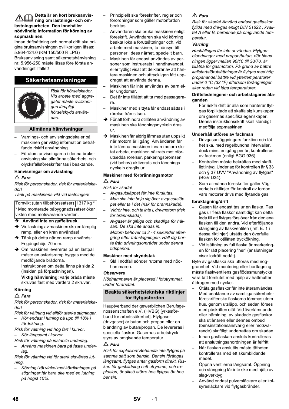Svenska, Säkerhetsanvisningar | Karcher KM 150-500 LPG User Manual | Page 48 / 148