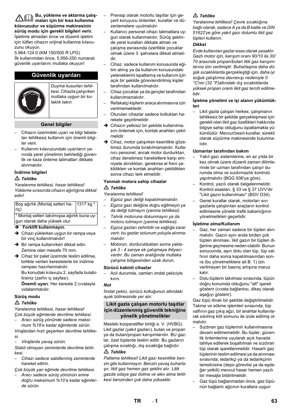 Türkçe, Güvenlik uyarıları | Karcher KM 150-500 LPG User Manual | Page 63 / 148