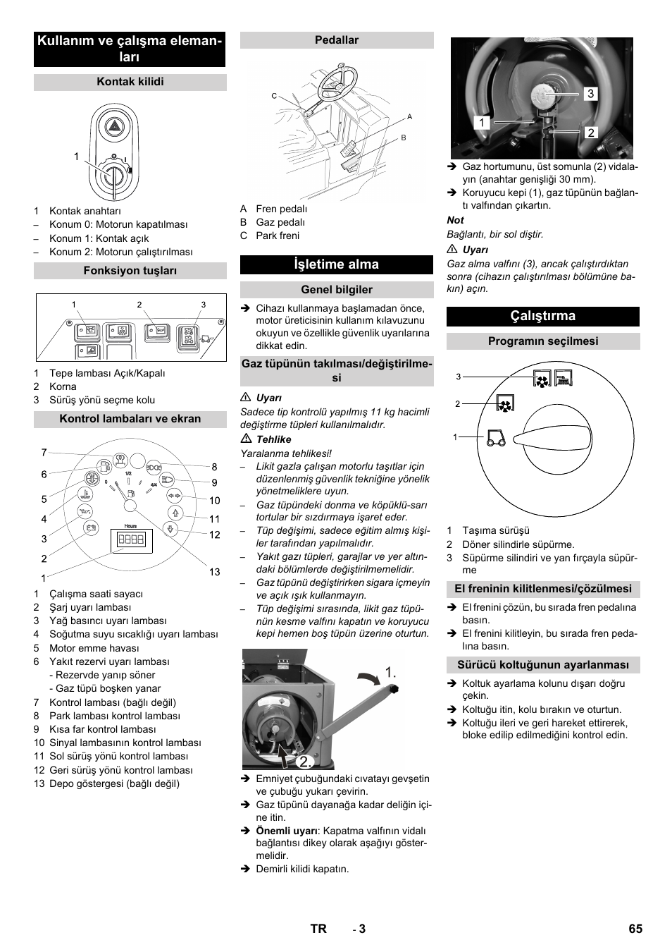 Kullanım ve çalışma eleman- ları, Işletime alma, Çalıştırma | Karcher KM 150-500 LPG User Manual | Page 65 / 148