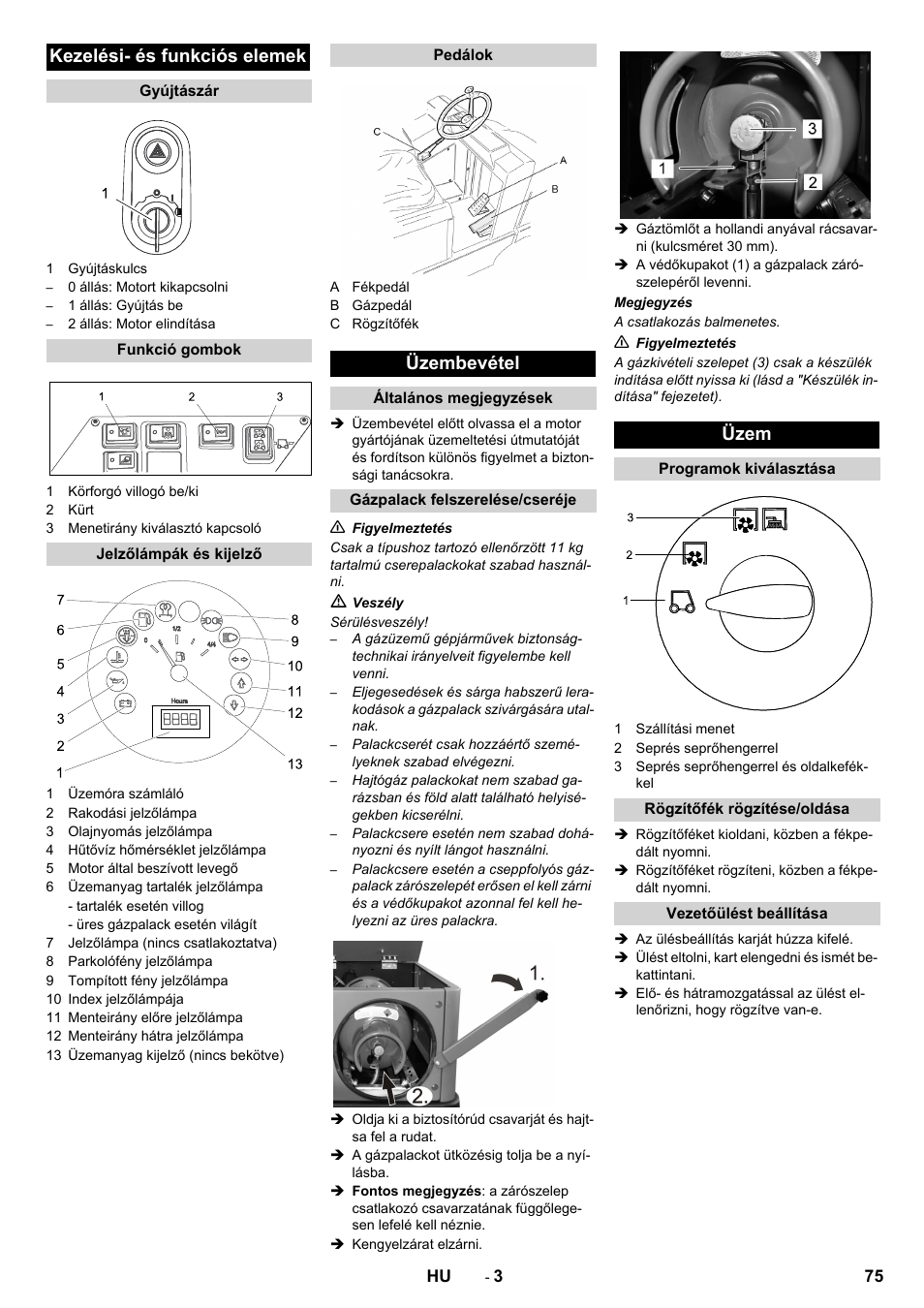 Kezelési- és funkciós elemek, Üzembevétel, Üzem | Karcher KM 150-500 LPG User Manual | Page 75 / 148