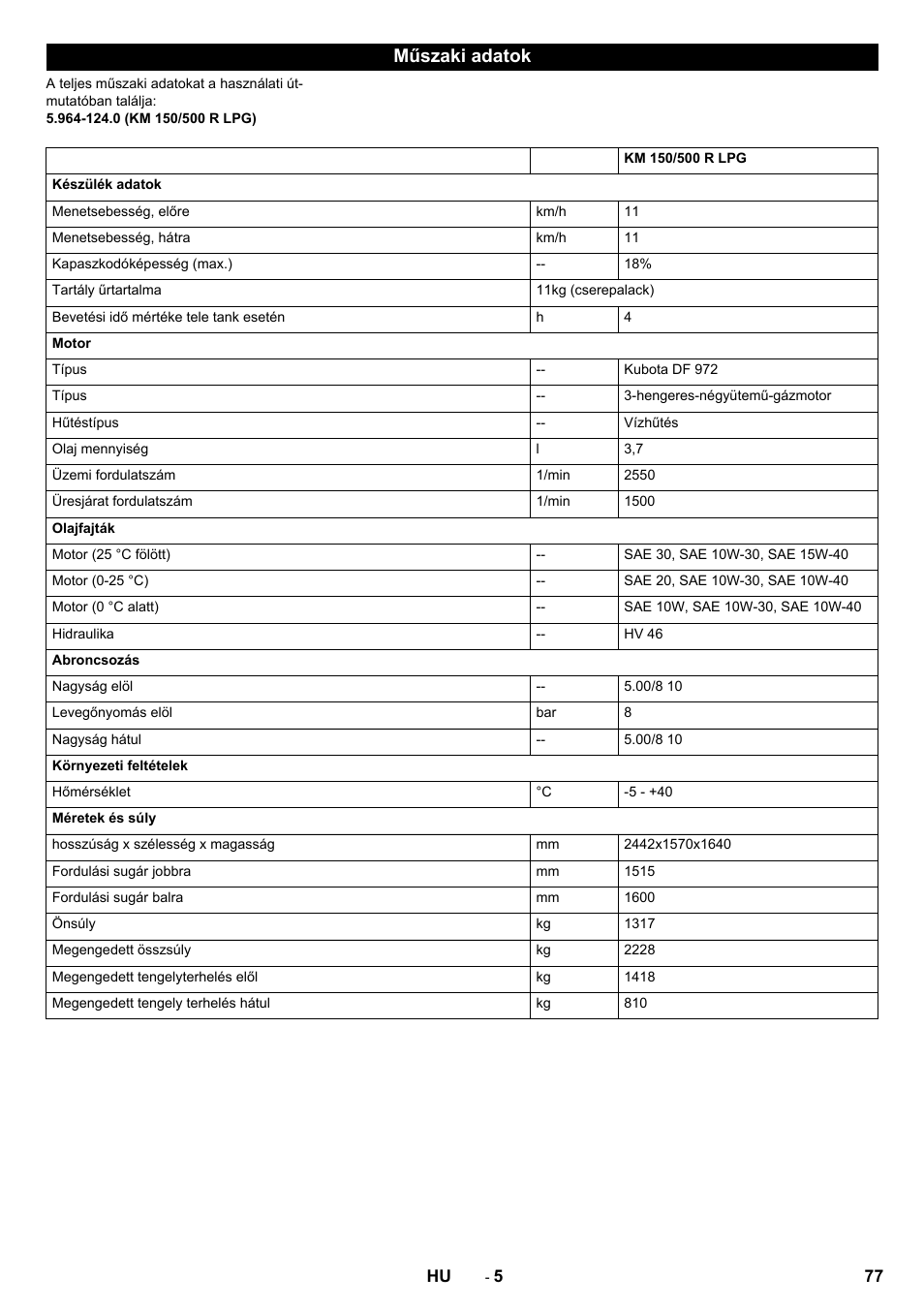 Műszaki adatok | Karcher KM 150-500 LPG User Manual | Page 77 / 148