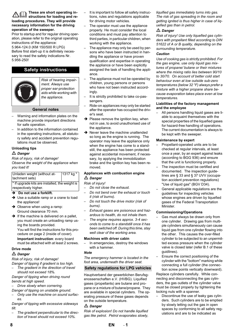 English, Safety instructions | Karcher KM 150-500 LPG User Manual | Page 8 / 148