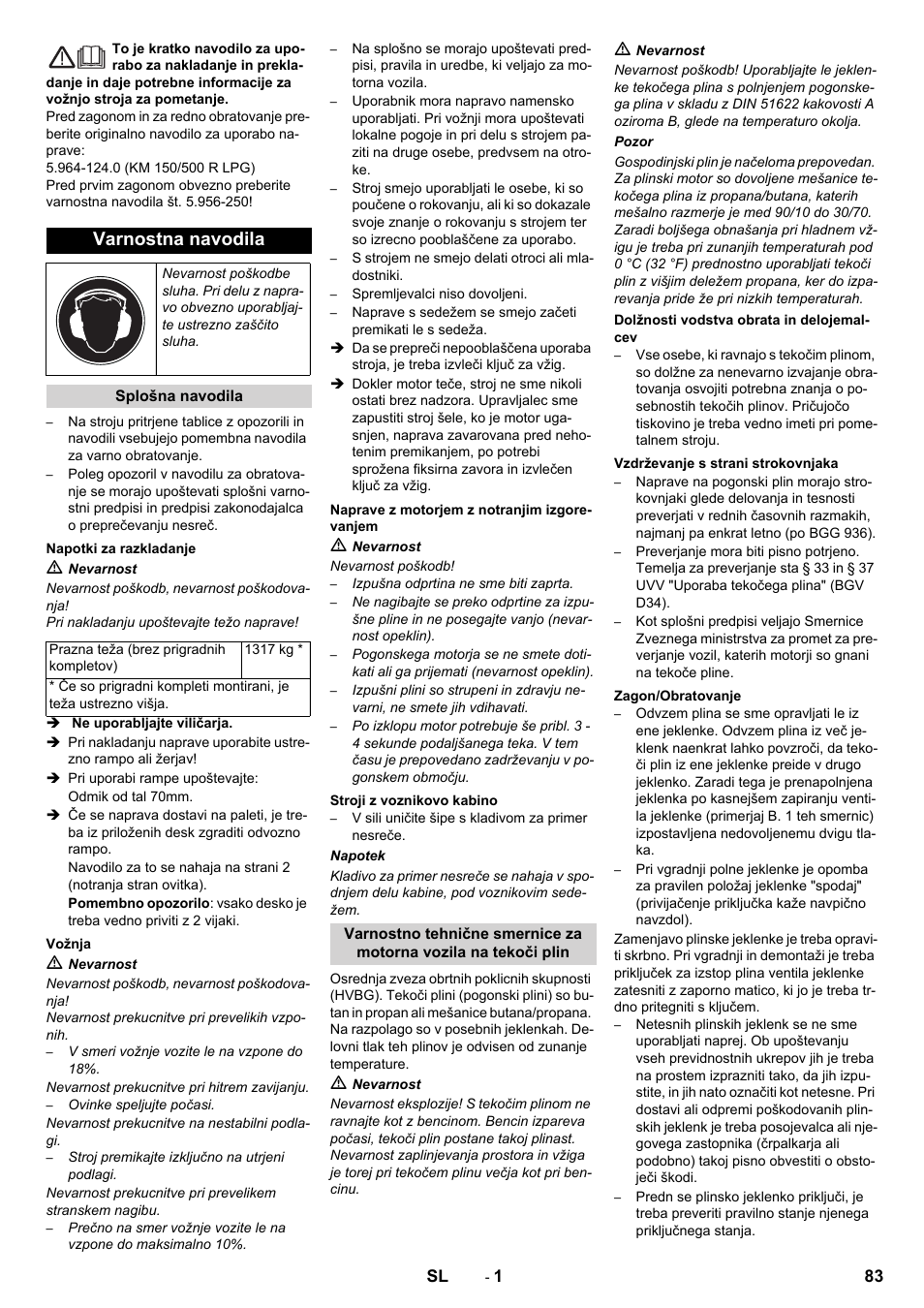 Slovenščina, Slovenšina, Varnostna navodila | Karcher KM 150-500 LPG User Manual | Page 83 / 148