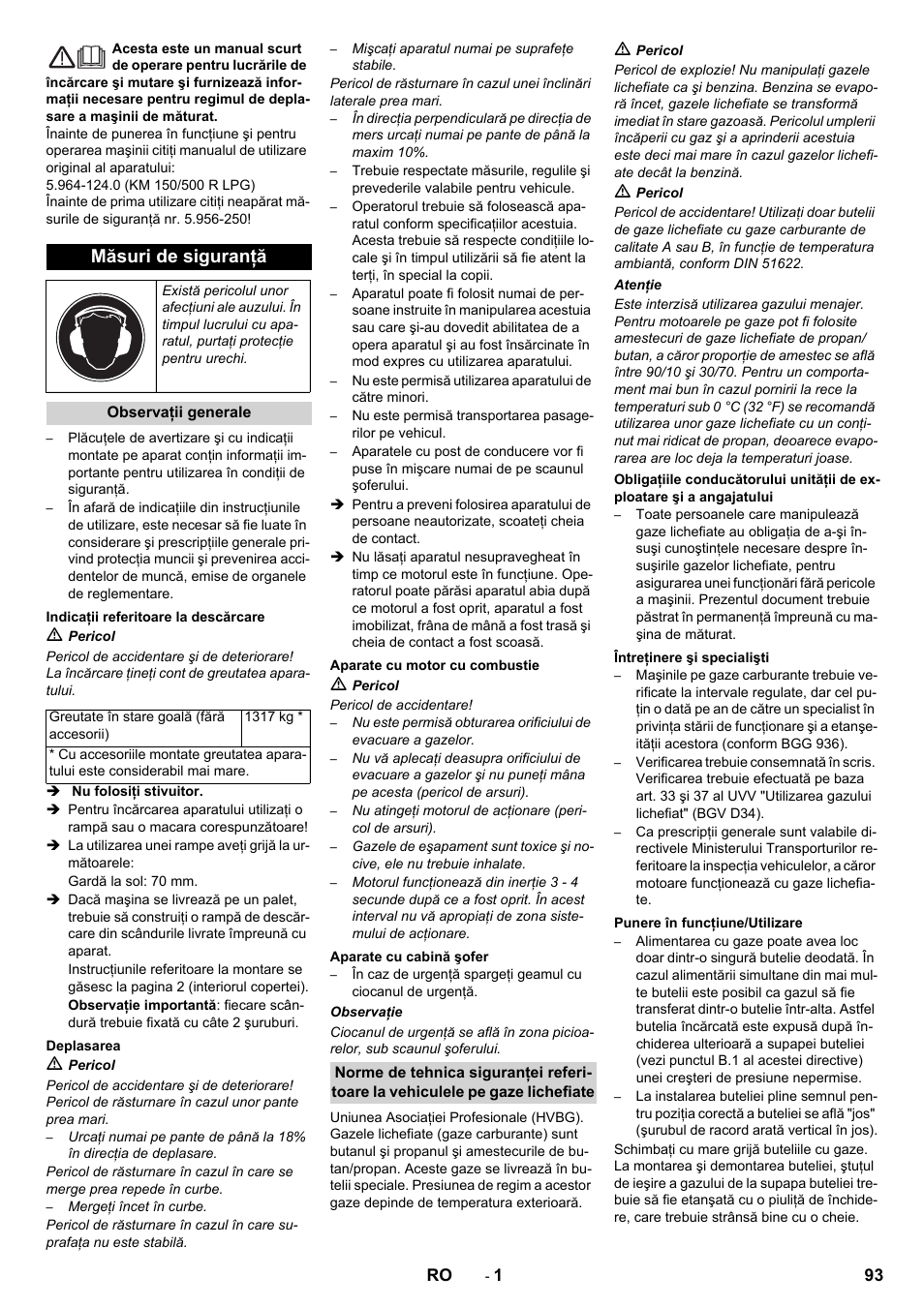 Româneşte, Românete, Măsuri de siguranţă | Karcher KM 150-500 LPG User Manual | Page 93 / 148