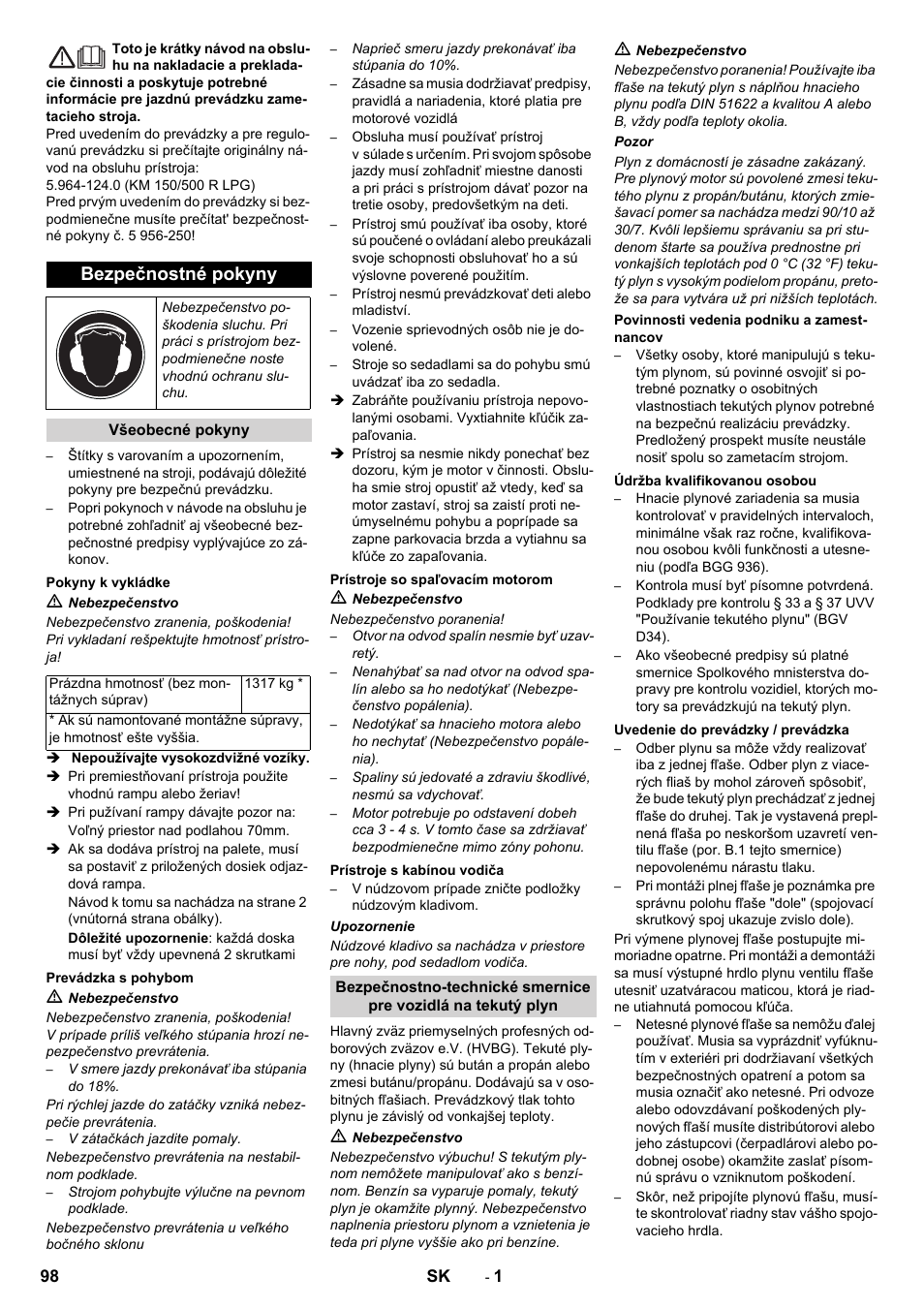 Slovenčina, Slovenina, Bezpečnostné pokyny | Karcher KM 150-500 LPG User Manual | Page 98 / 148