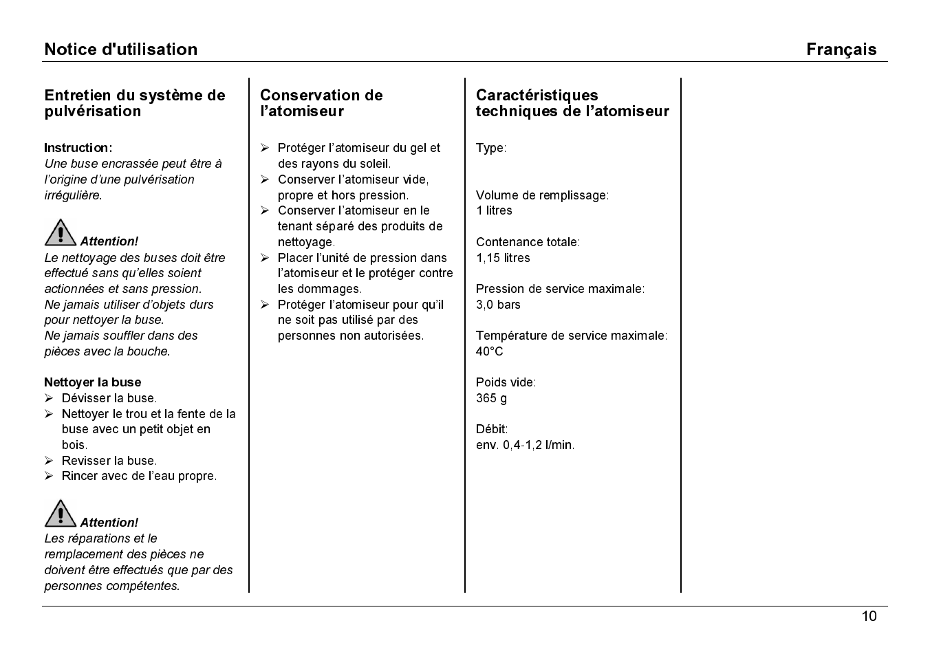 Entretien du système de pulvérisation, Conservation de l’atomiseur, Caractéristiques techniques de l’atomiseur | Karcher BDP 50-1500C User Manual | Page 10 / 10