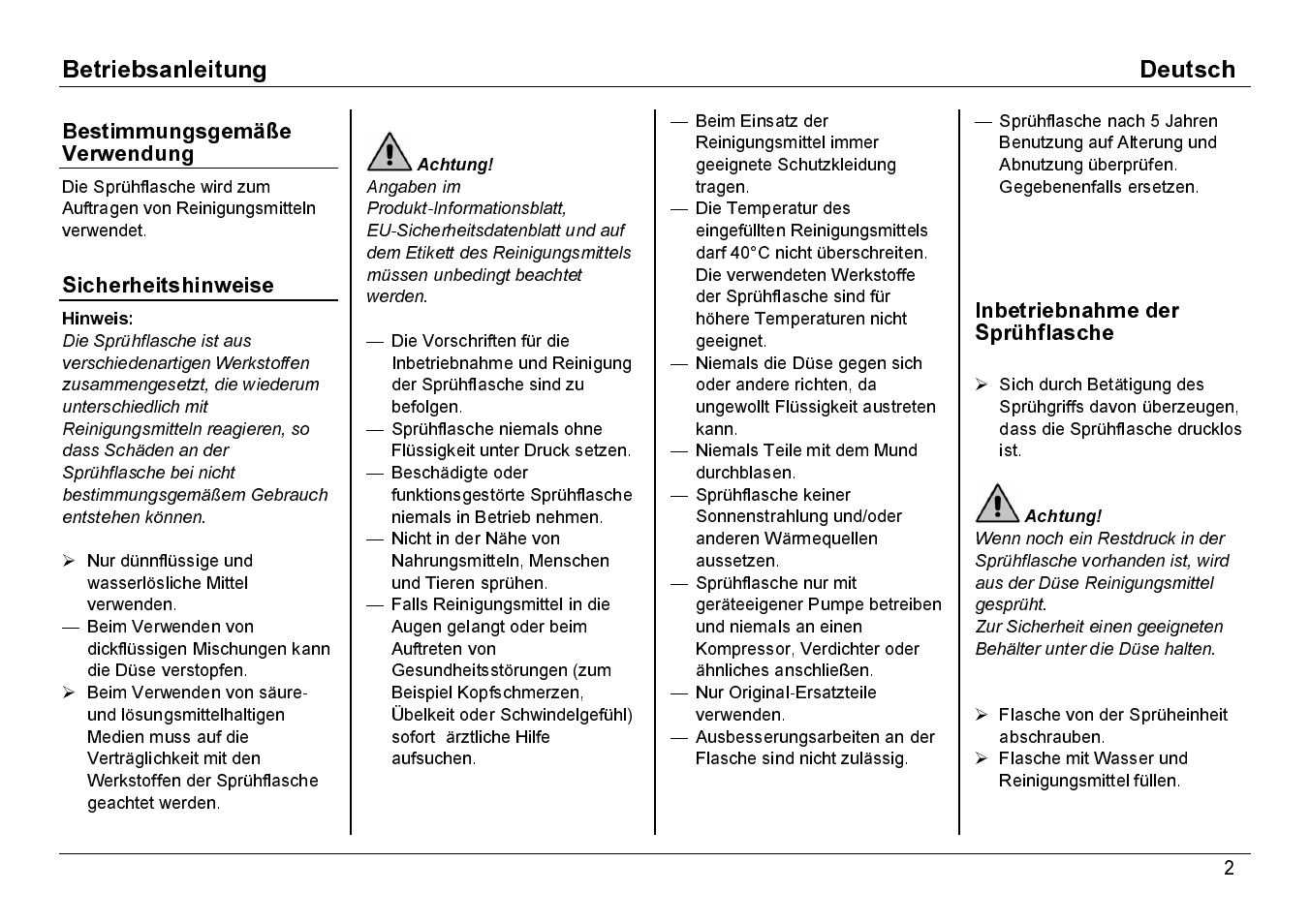 Bestimmungsgemäße verwendung, Sicherheitshinweise, Inbetriebnahme der sprühflasche | Karcher BDP 50-1500C User Manual | Page 2 / 10