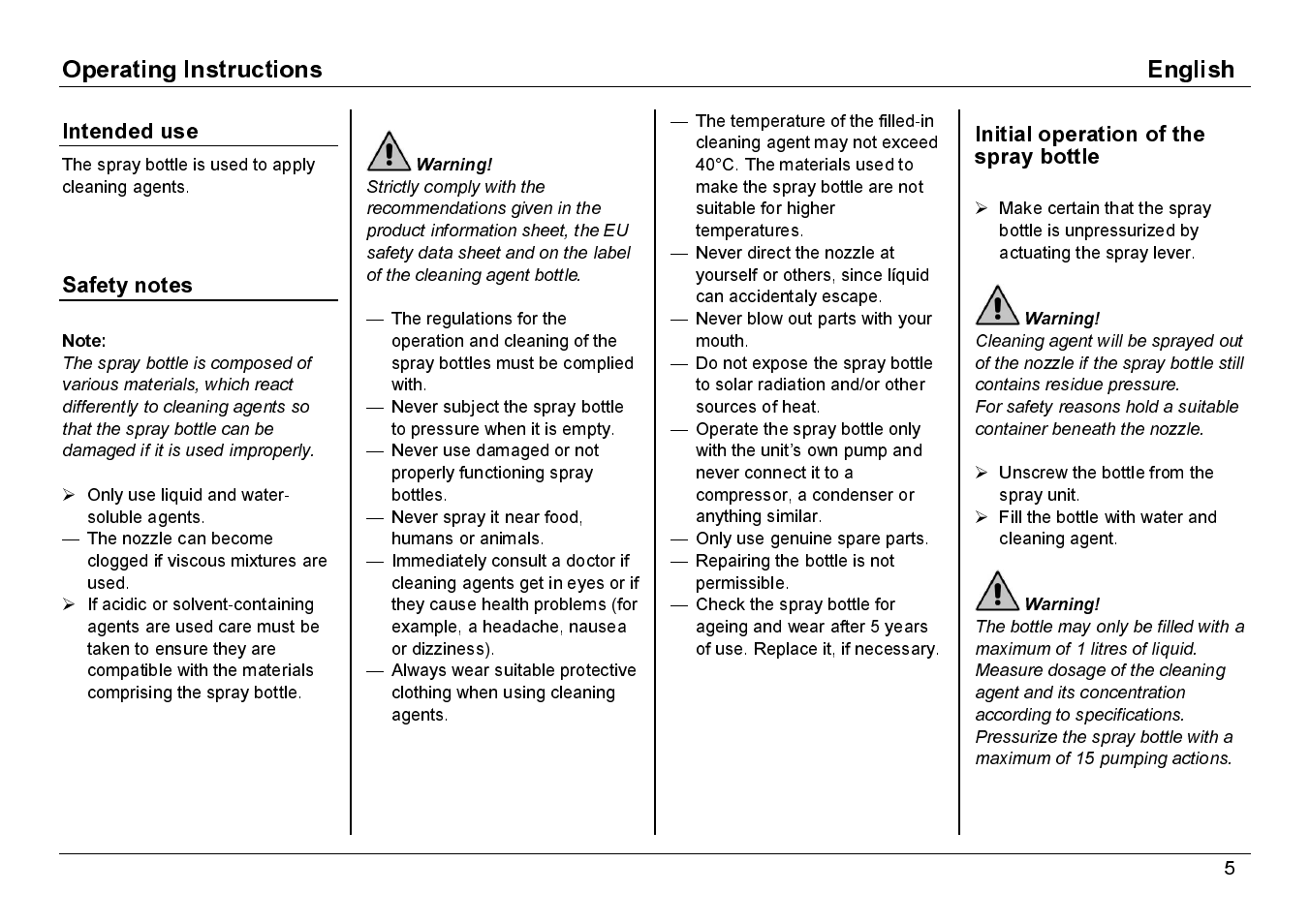 Intended use, Initial operation of the spray bottle | Karcher BDP 50-1500C User Manual | Page 5 / 10
