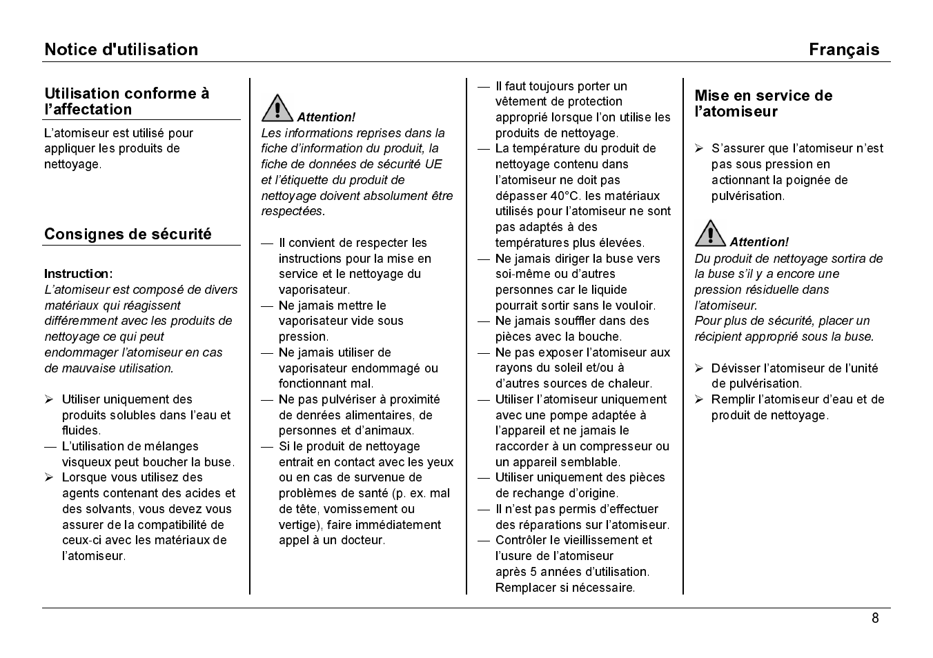 Utilisation conforme à l’affectation, Consignes de sécurité, Mise en service de l’atomiseur | Karcher BDP 50-1500C User Manual | Page 8 / 10