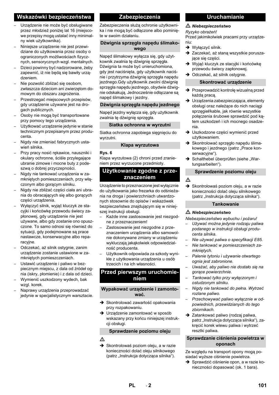 Wskazówki bezpieczeństwa zabezpieczenia, Uruchamianie | Karcher STH 10-76 W User Manual | Page 101 / 136