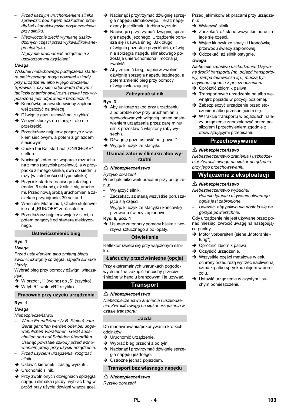 Transport, Przechowywanie wyłączenie z eksploatacji | Karcher STH 10-76 W User Manual | Page 103 / 136