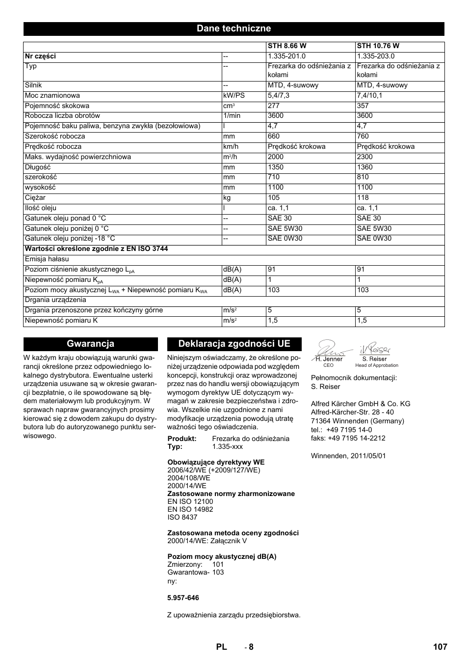 Dane techniczne, Gwarancja deklaracja zgodności ue | Karcher STH 10-76 W User Manual | Page 107 / 136