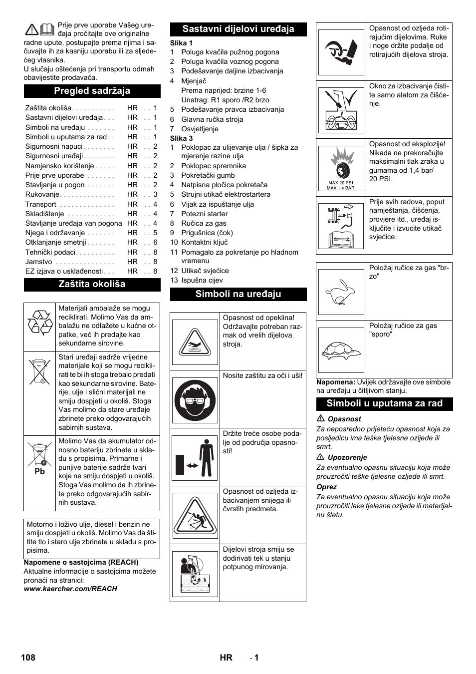 Hrvatski, Pregled sadržaja, Zaštita okoliša | Sastavni dijelovi uređaja simboli na uređaju, Simboli u uputama za rad | Karcher STH 10-76 W User Manual | Page 108 / 136