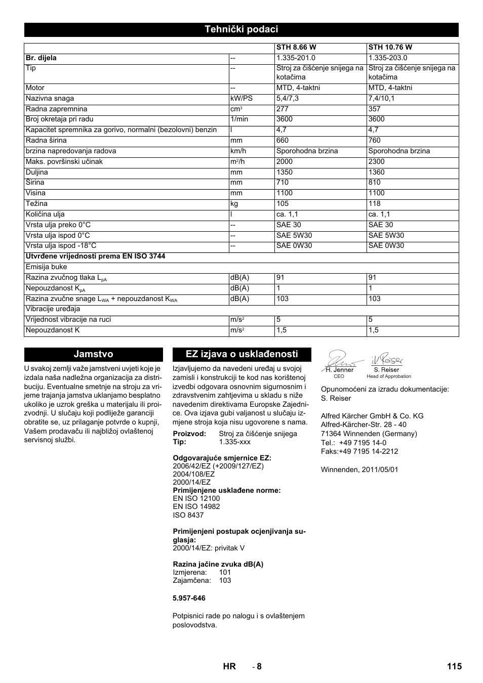 Tehnički podaci, Jamstvo ez izjava o usklađenosti | Karcher STH 10-76 W User Manual | Page 115 / 136