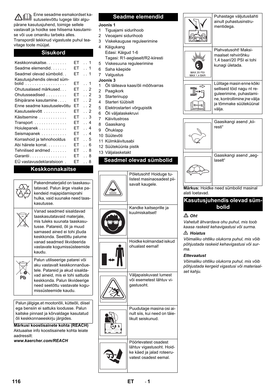 Eesti, Sisukord, Keskkonnakaitse | Seadme elemendid seadmel olevad sümbolid, Kasutusjuhendis olevad süm- bolid | Karcher STH 10-76 W User Manual | Page 116 / 136