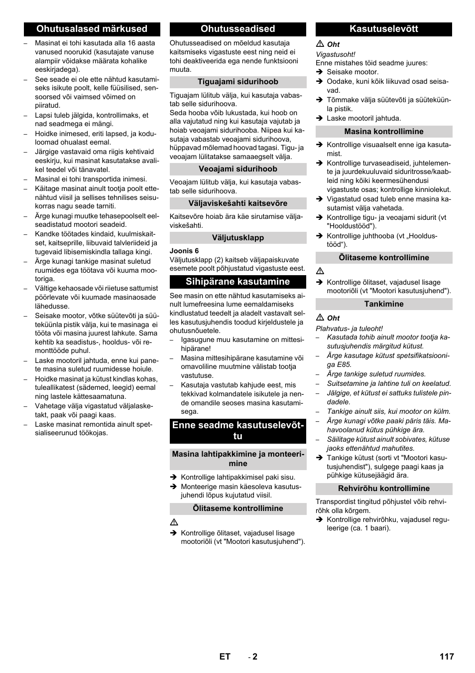 Ohutusalased märkused ohutusseadised, Kasutuselevõtt | Karcher STH 10-76 W User Manual | Page 117 / 136